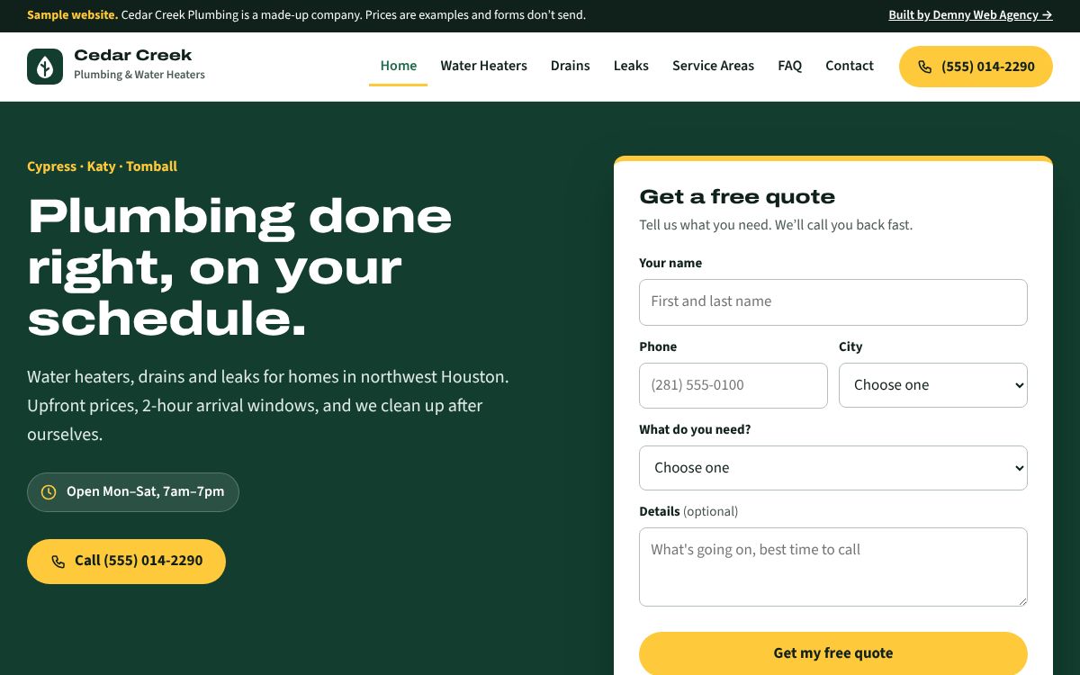 New Cedar Creek Plumbing homepage: clean layout, call button, quote form and service list