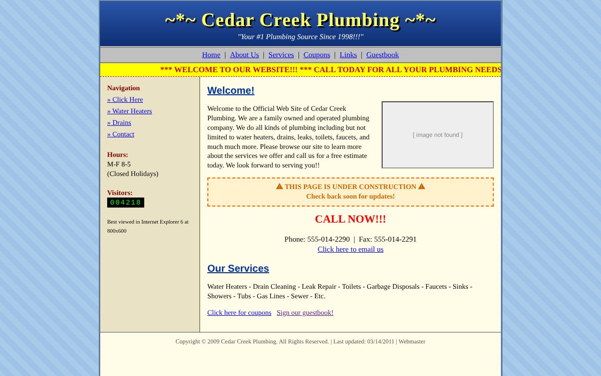 Outdated example website: cluttered layout, scrolling banner, under-construction notice and no contact form